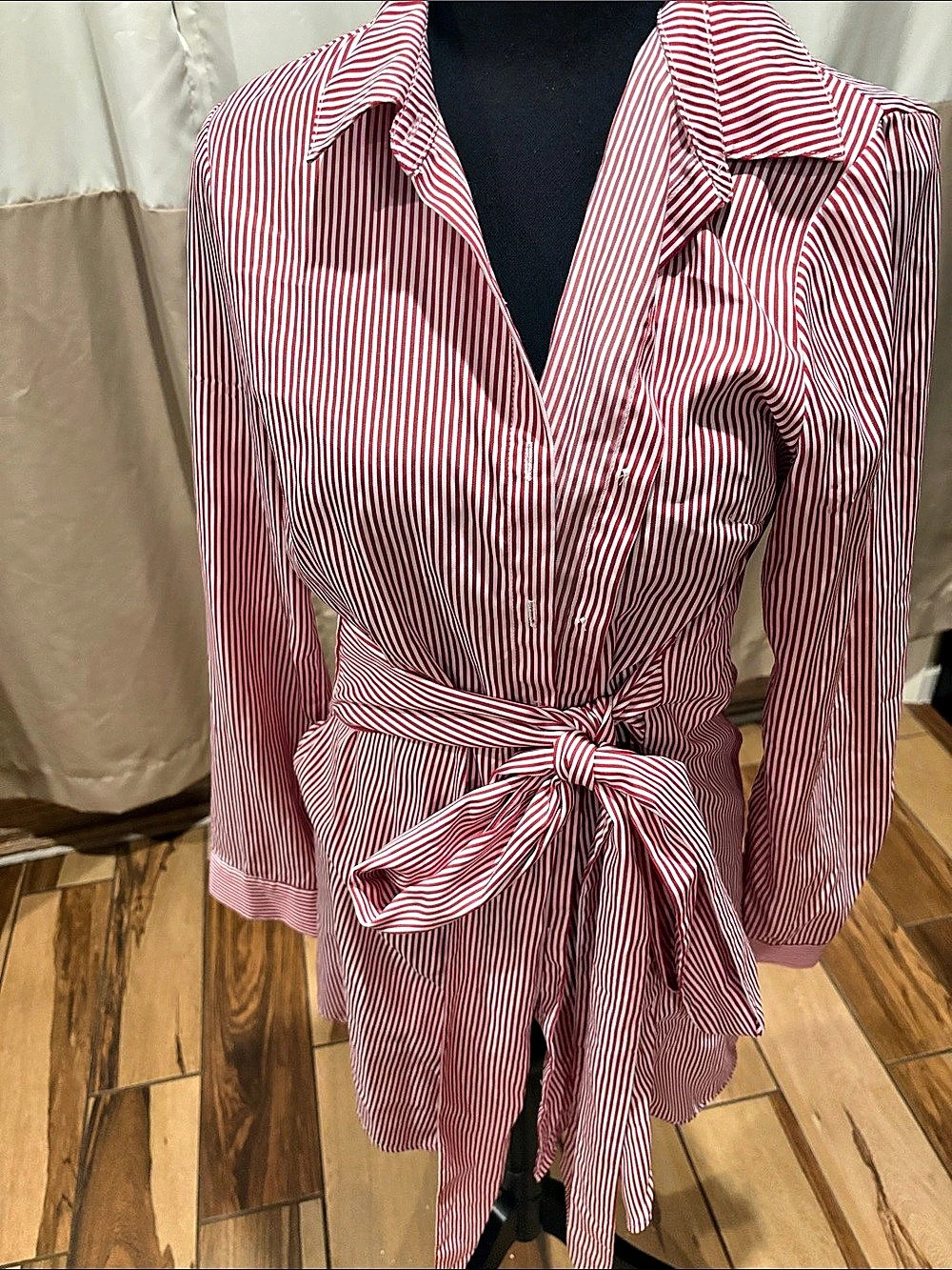 Forever 21 Red & White Striped Tie Waist Button Down